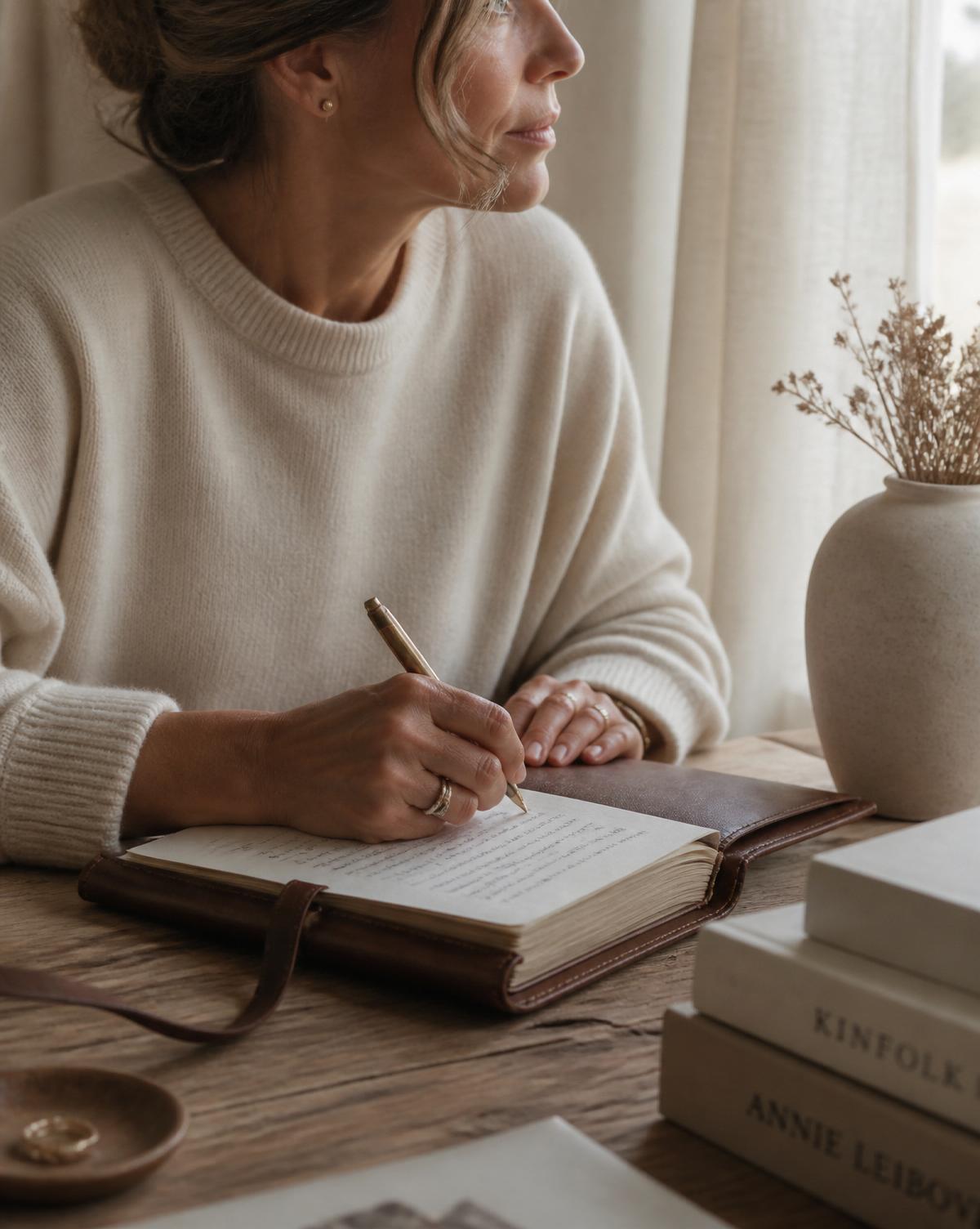 Mónica escribiendo en un cuaderno de cuero
