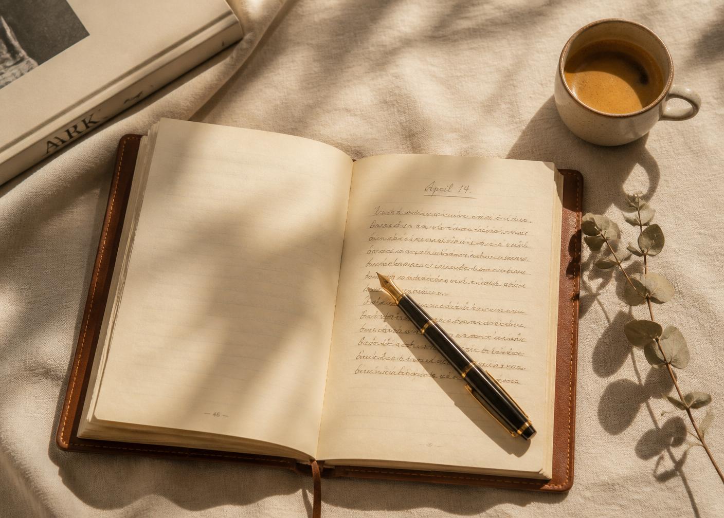Cuaderno abierto y taza de café en luz natural